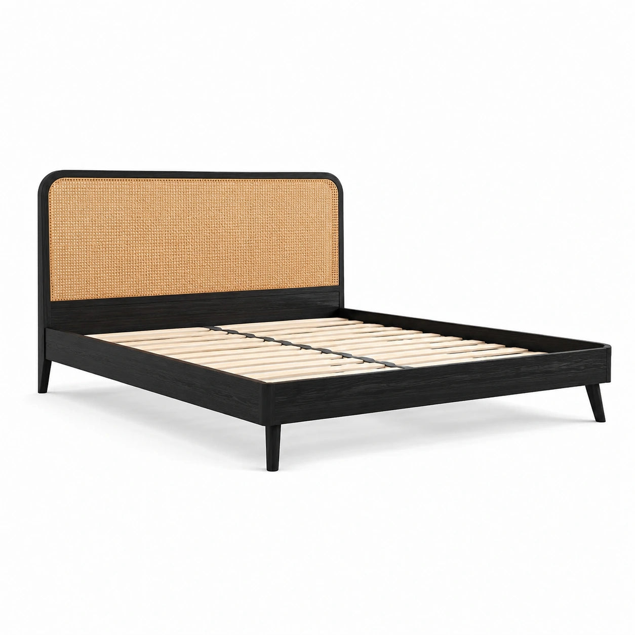 Doppelbett 160 × 200 cm, Schwarz/Natur, mit Rattan-Kopfteil und Holzlattenrost