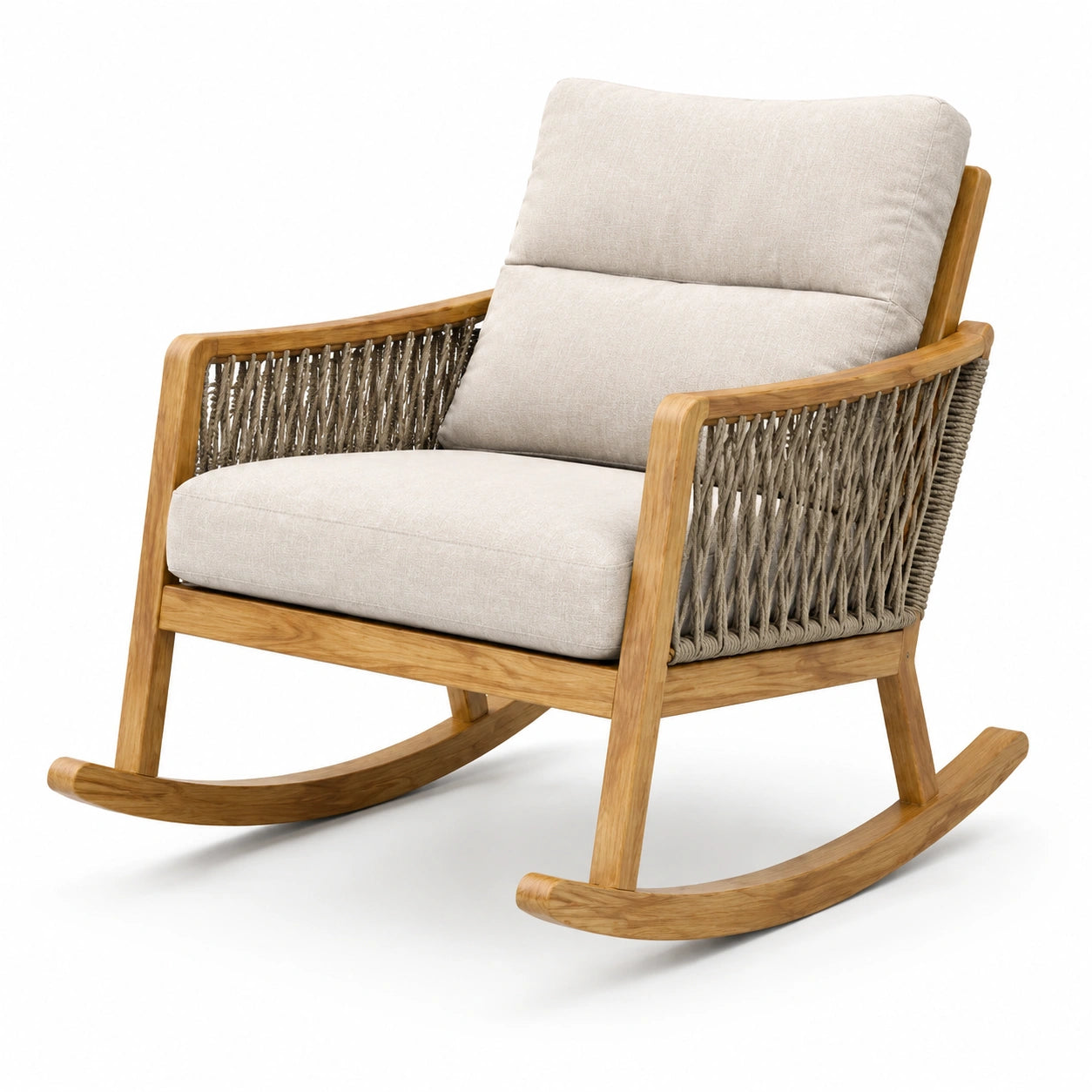 Gepolsterter Garten-Schaukelstuhl aus Holz mit Seilgeflecht, 96 × 79 × 91 cm, Beige, Naturbraun und Grau