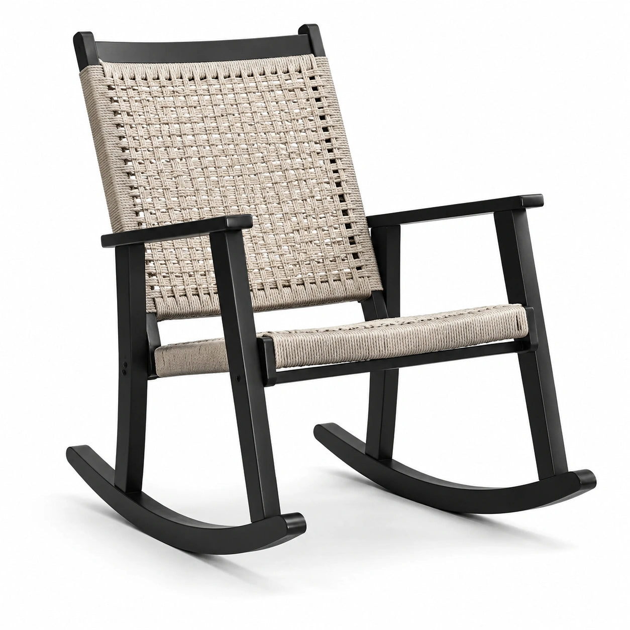 Schaukelstuhl aus Holz und Seilgeflecht mit Armlehnen, Beige/Schwarz, 68 × 92 × 98 cm