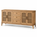 Sideboard aus Holz mit Rattangeflecht, Naturbraun und Schwarz, 180 × 45 × 85 cm, 4 Türen und 3 Schubladen