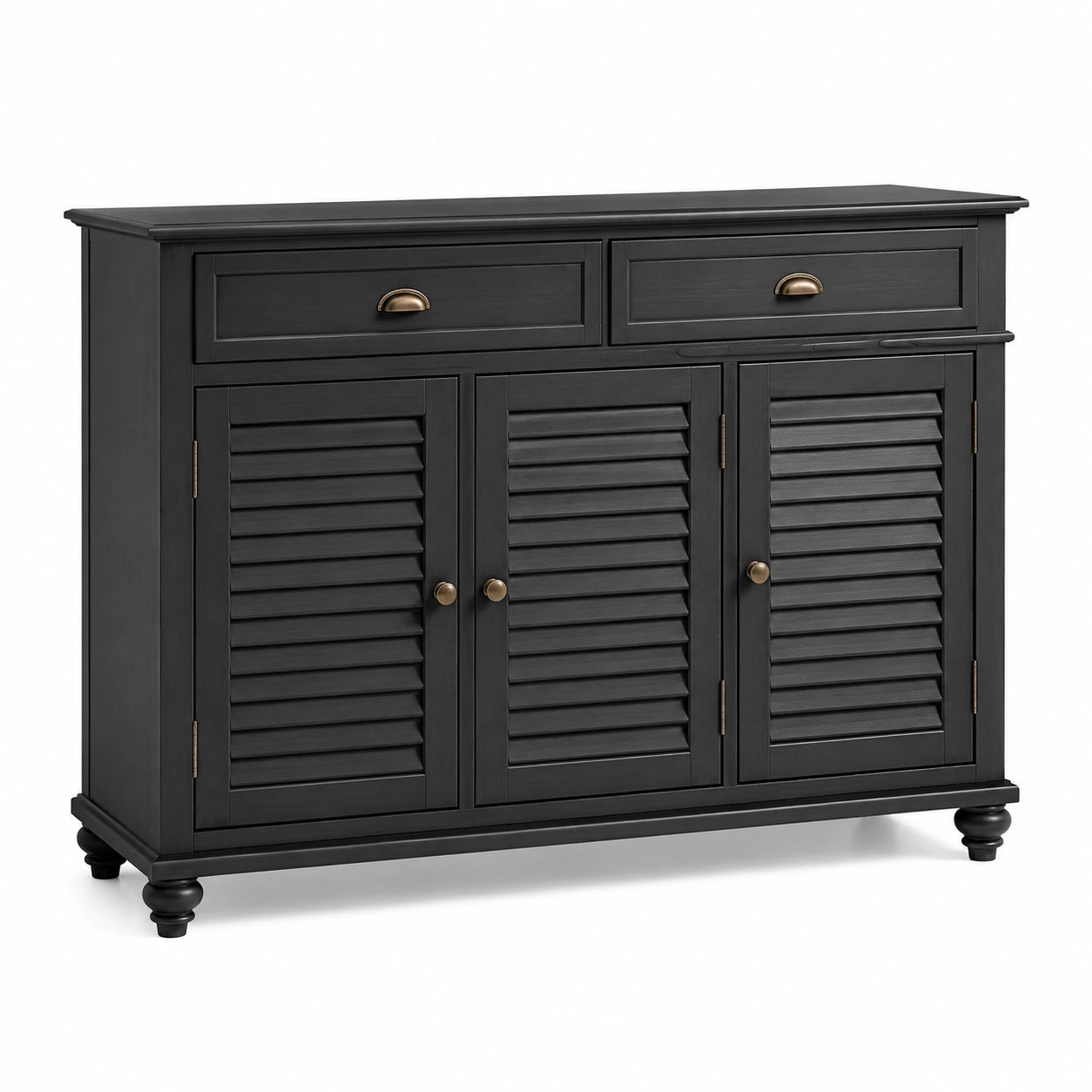 Sideboard im Landhausstil, Schwarz mit Antikmessing, 120 × 40 × 100 cm, 2 Schubladen und 3 Lamellentüren