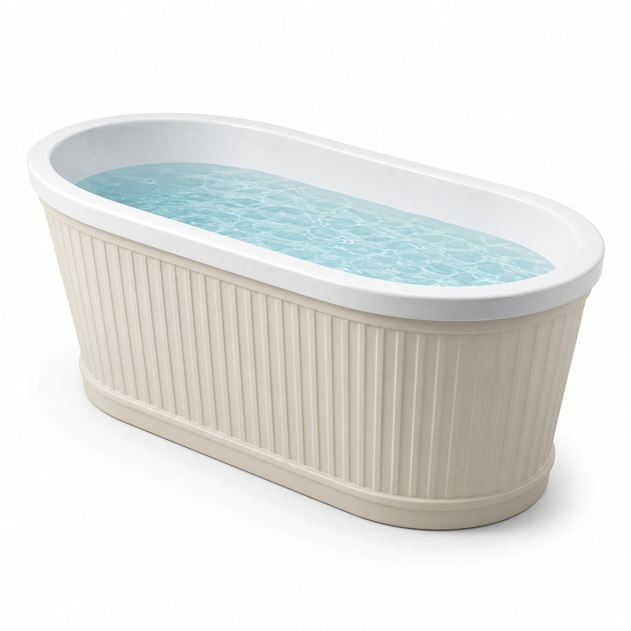 Freistehende ovale Acryl-Badewanne 170 × 80 × 60 cm in Beige und Weiß mit geriffelter Außenseite
