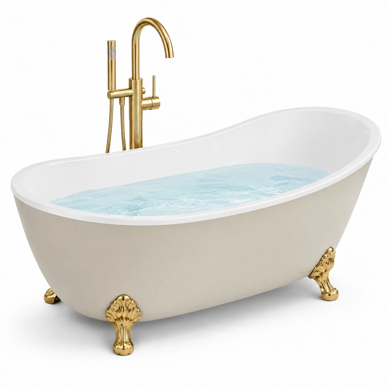 Freistehende Acryl-Badewanne 170 × 78 × 72 cm in Beige, Weiß und Goldfarben
