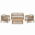 4-teiliges Gartenmöbel-Set aus Holz in Natur, Beige und Graubeige – Sofa 140 × 75 × 78 cm, 2 Sessel 73 × 75 × 78 cm, Tisch 100 × 60 × 36 cm