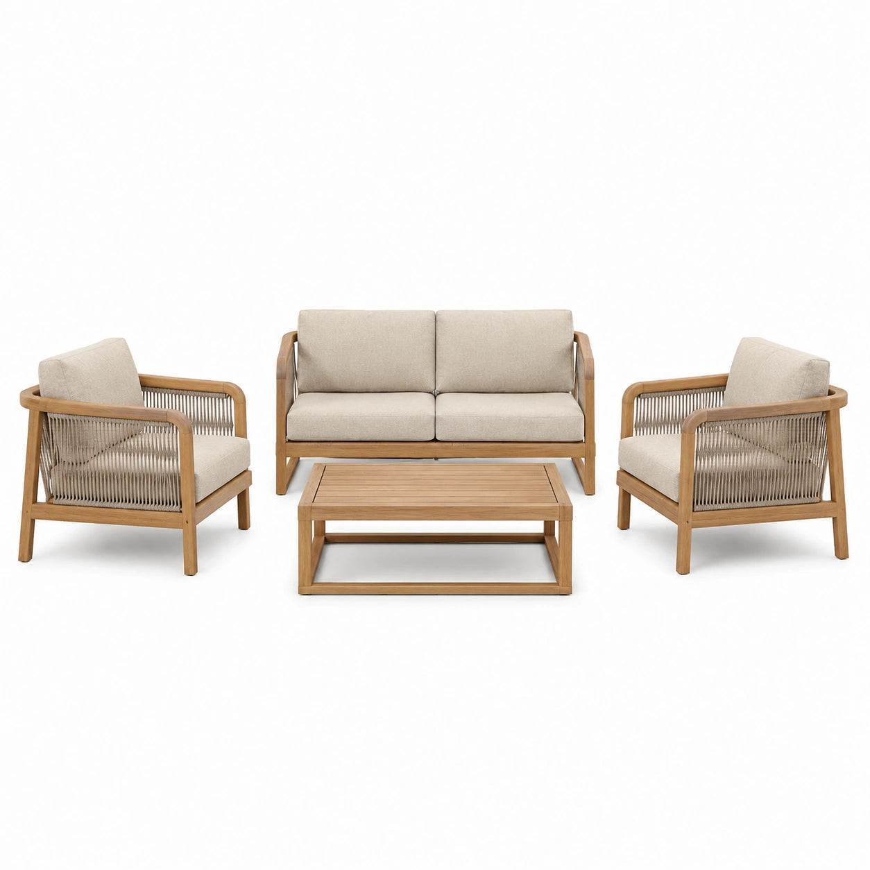 4-teiliges Gartenmöbel-Set aus Holz in Natur, Beige und Graubeige – Sofa 140 × 75 × 78 cm, 2 Sessel 73 × 75 × 78 cm, Tisch 100 × 60 × 36 cm