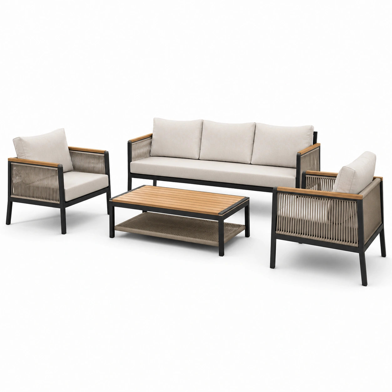 4-teilige Garten-Sitzgruppe mit 3-Sitzer 190 × 78 × 76 cm, 2 Sesseln 76 × 78 × 76 cm und Tisch 110 × 60 × 45 cm, Beige, Schwarz, Holzbraun und Taupe