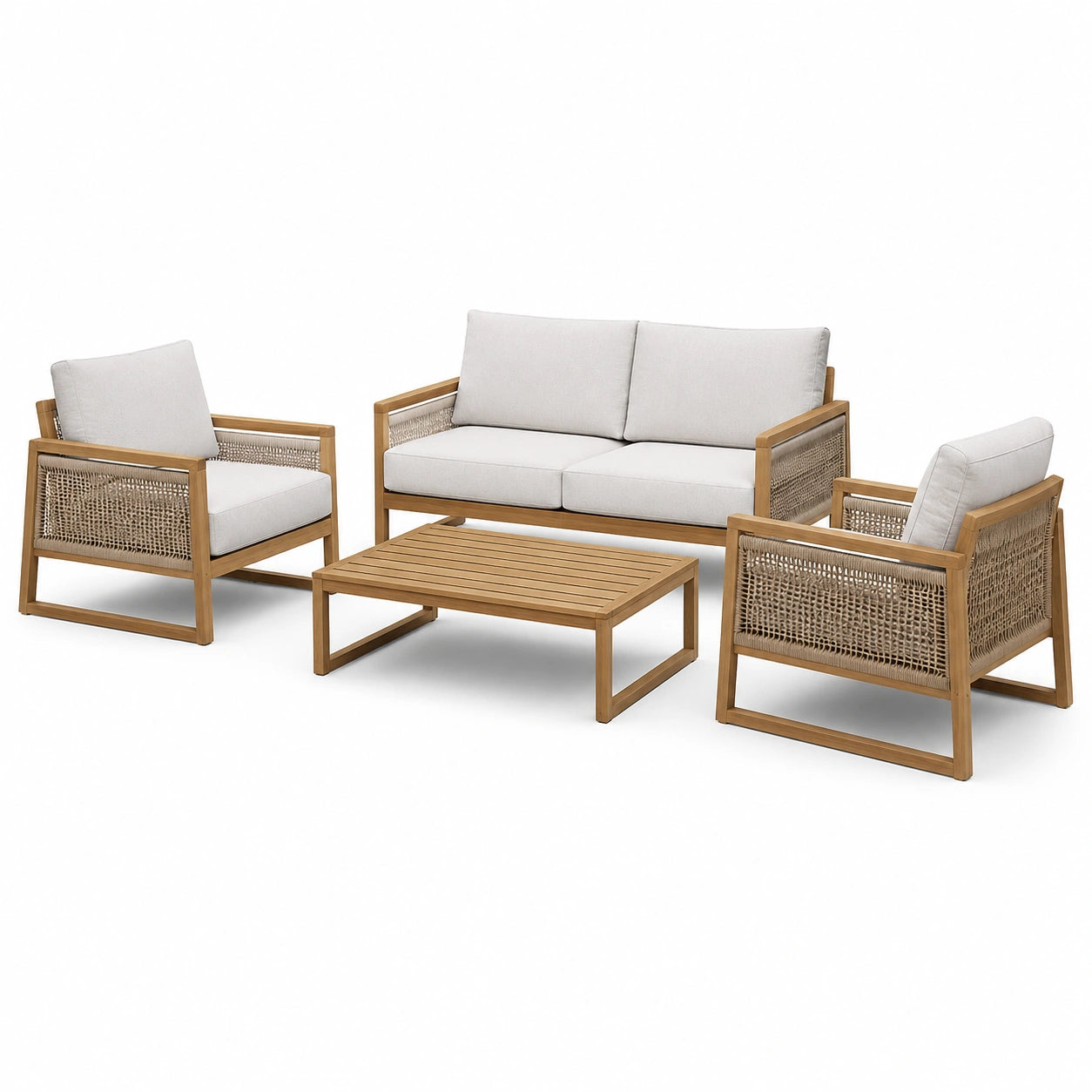 4-teiliges Gartenmöbel-Set aus Holz mit Seilgeflecht und beigen Polstern – Sofa 128 × 76 × 78 cm, 2 Sessel 72 × 76 × 78 cm, Tisch 100 × 60 × 38 cm