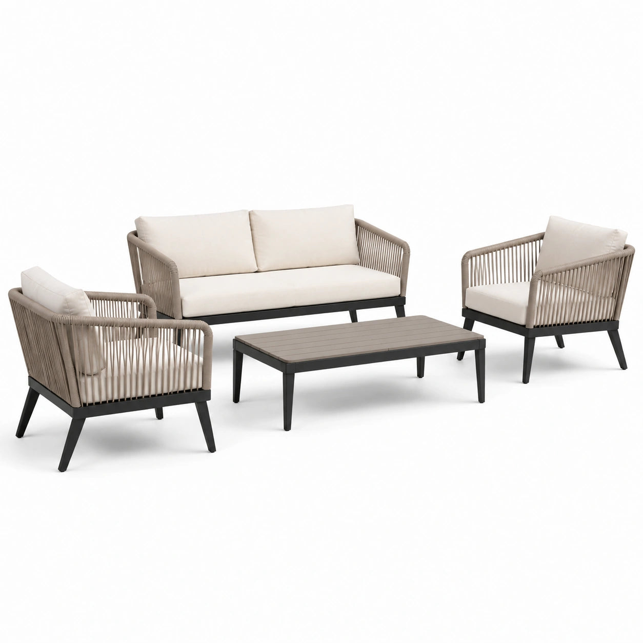 4-teiliges Gartenmöbel-Set mit 2-Sitzer-Sofa 168 × 78 × 76 cm, 2 Sesseln 73 × 78 × 76 cm und Tisch 110 × 60 × 38 cm, Beige/Taupe/Schwarz