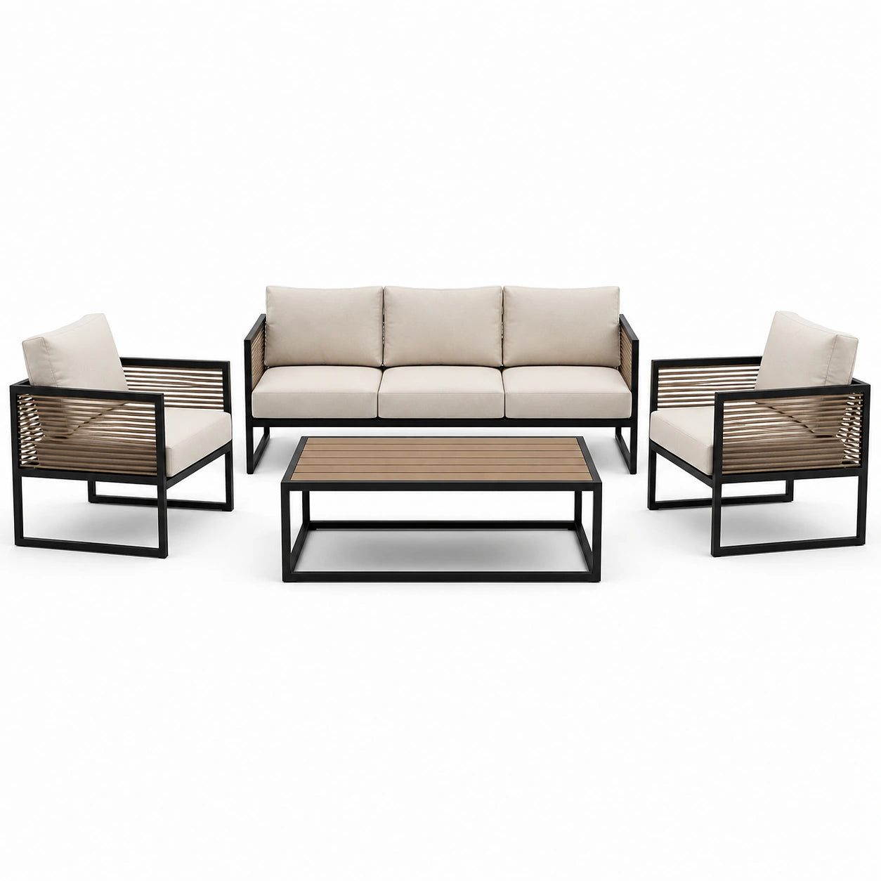 4-teiliges Gartenmöbel-Set Beige, Schwarz und Braun – 3-Sitzer-Sofa 190 × 78 × 78 cm, 2 Sessel 73 × 78 × 78 cm, Tisch 110 × 60 × 40 cm