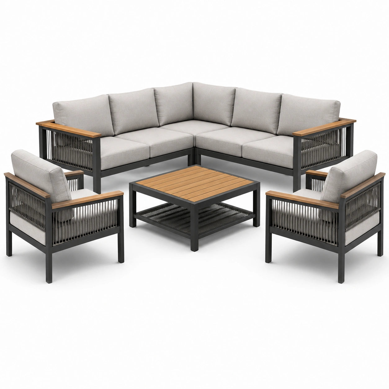 5-teiliges Gartenmöbel-Set, Stellmaß ca. 240 × 240 cm, mit Ecksofa, 2 Sesseln und Couchtisch, Hellgrau/Anthrazit/Braun