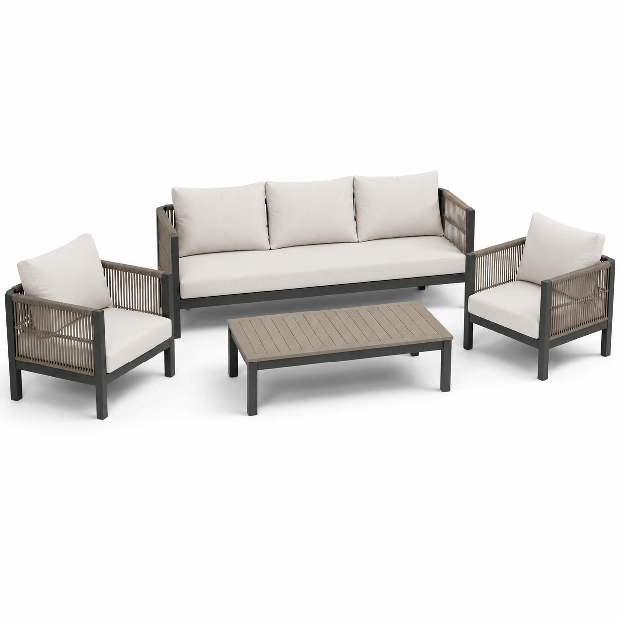 4-teiliges Gartenmöbel-Set mit Dreisitzer-Sofa 190 × 75 × 80 cm, 2 Sesseln 74 × 75 × 77 cm und Couchtisch 110 × 55 × 38 cm, Anthrazit/Taupe/Cremeweiß