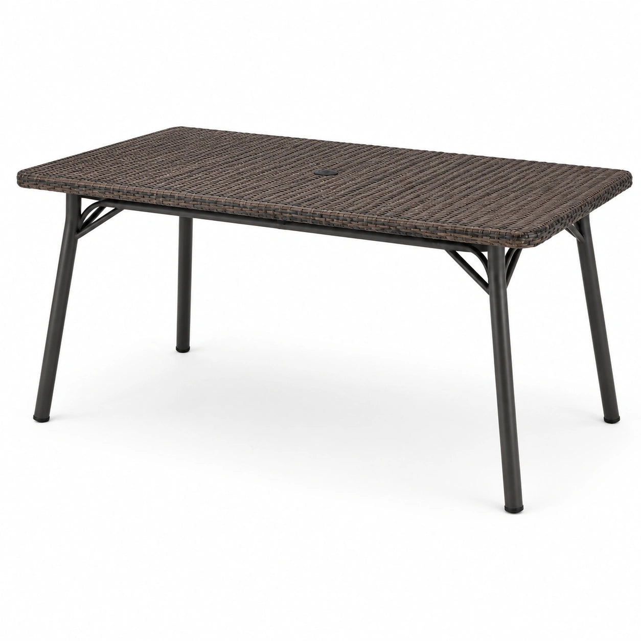 Gartentisch mit Sonnenschirmöffnung, 150 × 90 × 74 cm, Polyrattan in Braun mit schwarzem Metallgestell