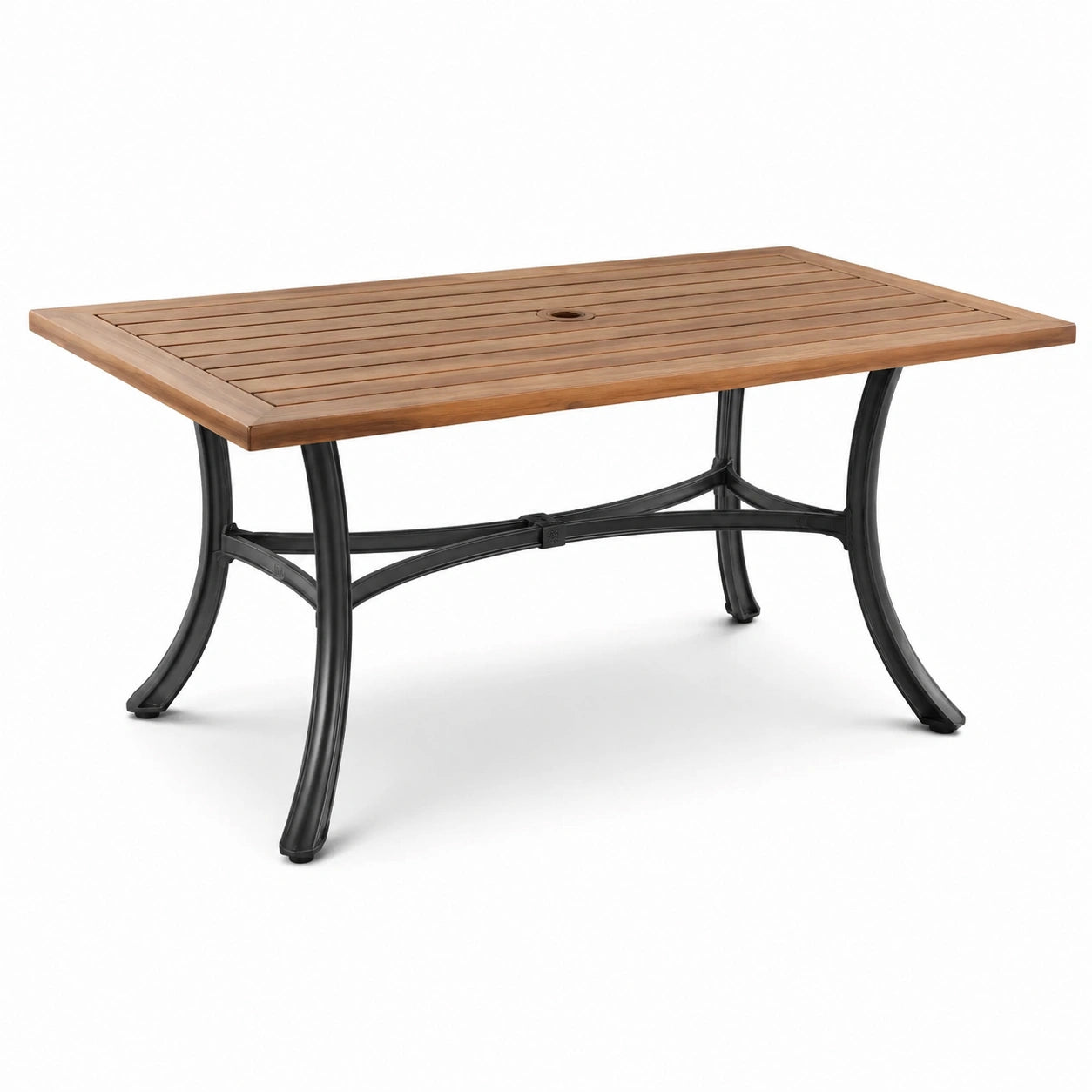 Rechteckiger Gartentisch mit Schirmöffnung, Holz und Metall, Braun und Schwarz, 150 × 90 × 74 cm