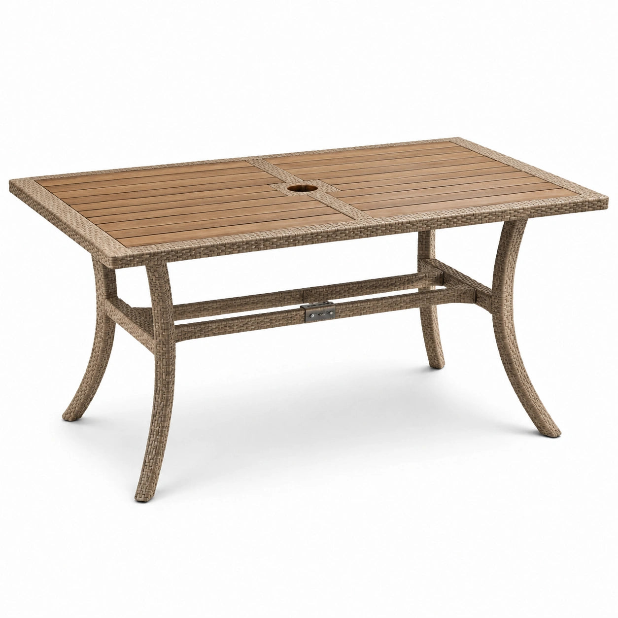 Rechteckiger Gartentisch mit Sonnenschirmöffnung, Braun/Beige, 150 × 90 × 74 cm