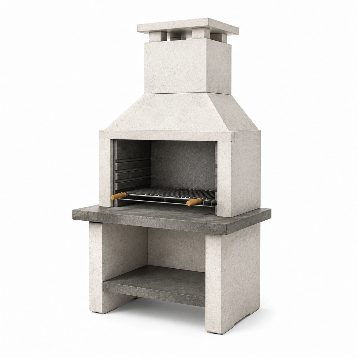 Grillkamin aus Beton in Hellgrau und Dunkelgrau, 110 × 65 × 210 cm, mit Grillrost, Arbeitsfläche und Ablagefach
