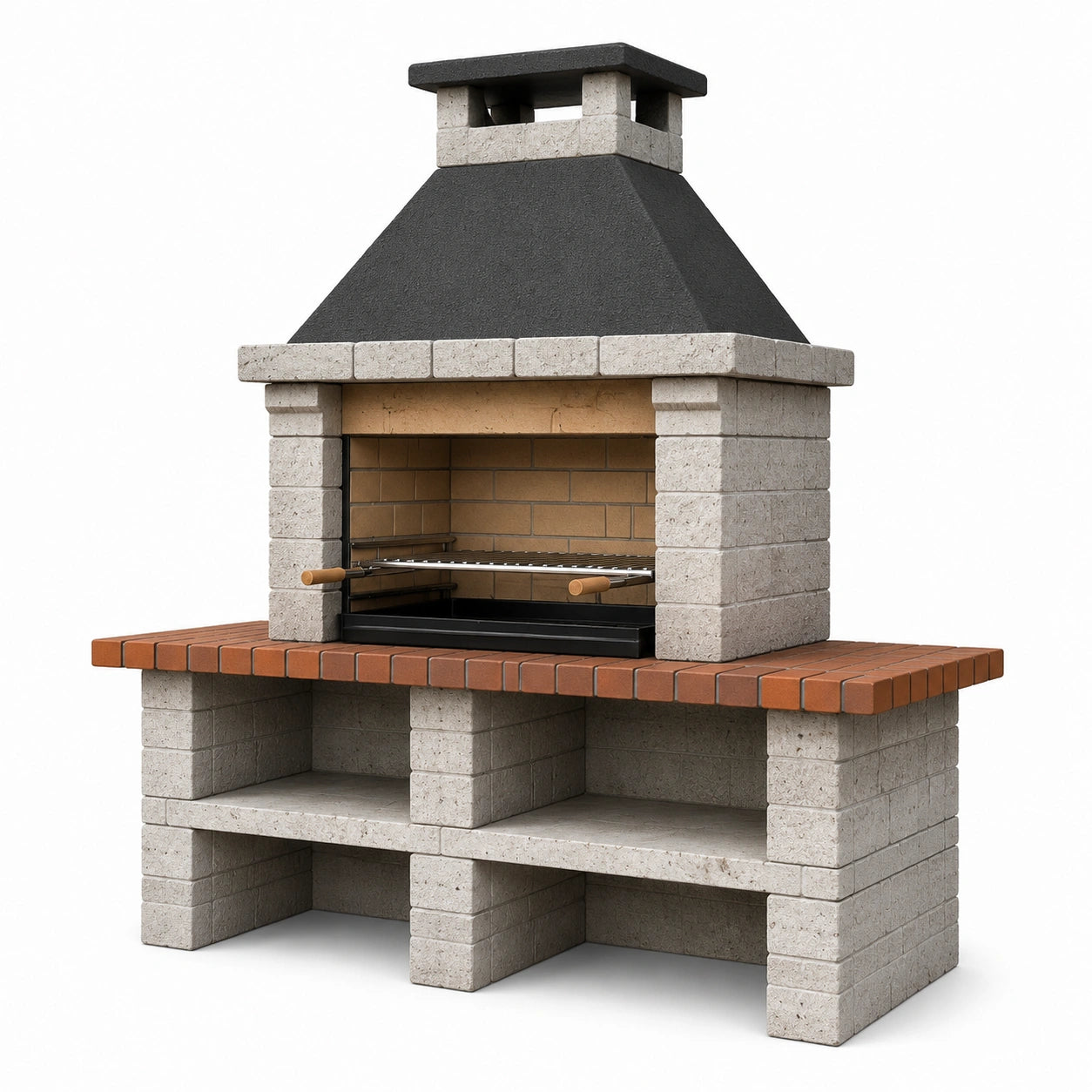 Gartenkamin aus Beton mit Grillrost und vier Ablagefächern, 160 × 70 × 220 cm, Grau/Schwarz/Terrakotta