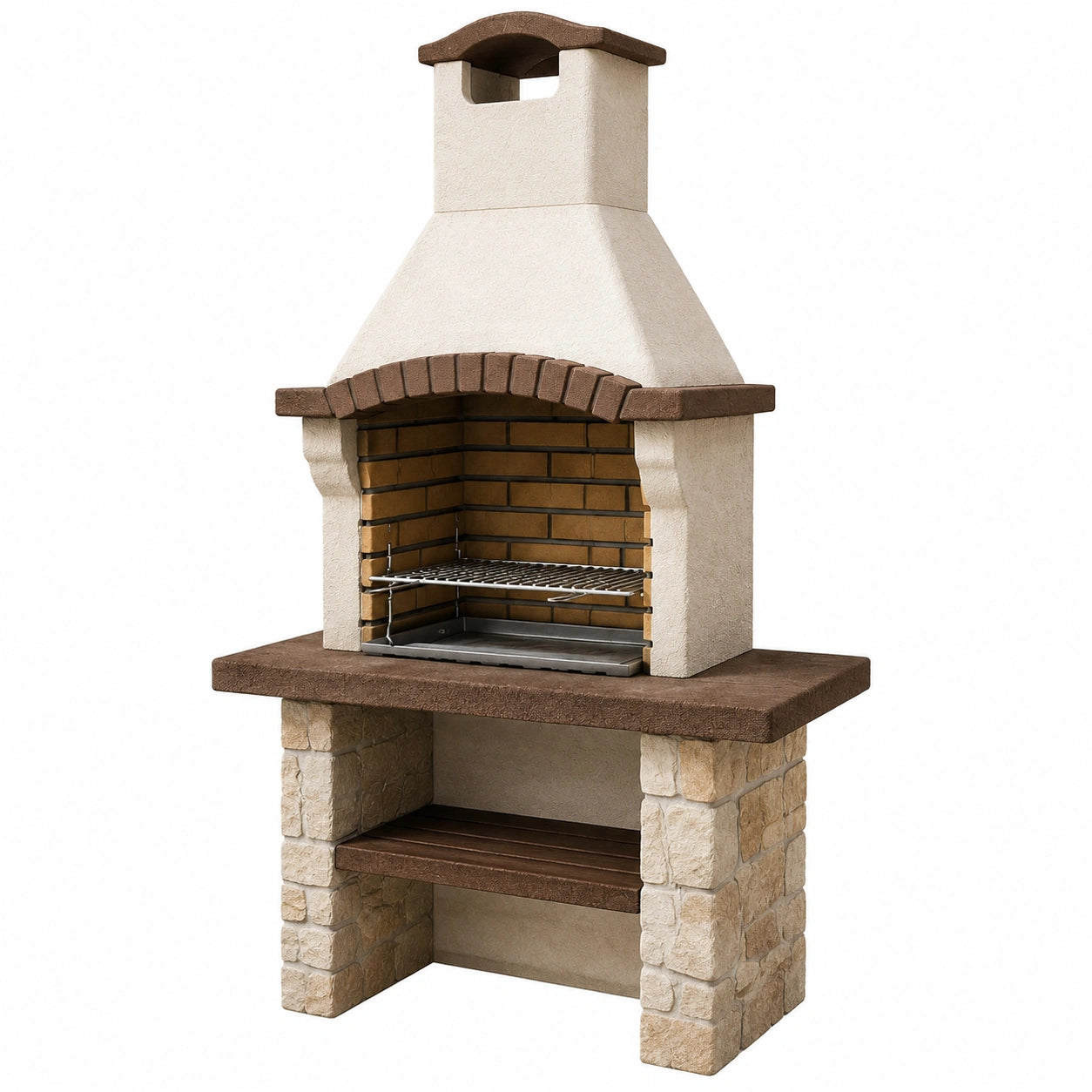 Gartengrill mit Kamin aus Beton, 110 × 65 × 210 cm, Beige/Braun/Silber, für Holzkohle, rustikales Design