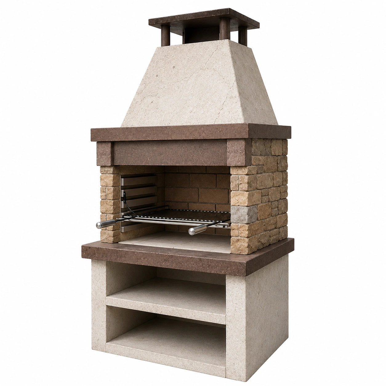 Gartengrill aus Betonstein in Beige, Braun, Schwarz und Silber, 110 × 70 × 230 cm, mit Kaminhaube und verstellbarem Grillrost