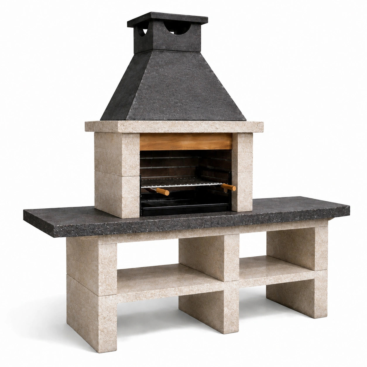 Grillstation mit Kamin und Ablagefächern, 160 × 60 × 210 cm, Beige/Anthrazit/Schwarz/Braun