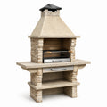 Gartengrill mit Kamin, höhenverstellbarem Grillrost und Ablagefächern, 110 × 65 × 210 cm, beige Steinoptik