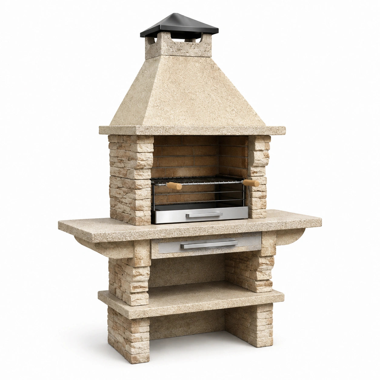 Gartengrill mit Kamin, höhenverstellbarem Grillrost und Ablagefächern, 110 × 65 × 210 cm, beige Steinoptik