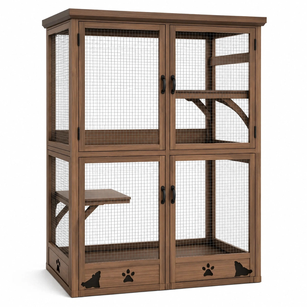 Mehrstöckiges Katzengehege aus Holz und Metallgitter mit vier Türen, Braun/Schwarz, 120 × 60 × 160 cm