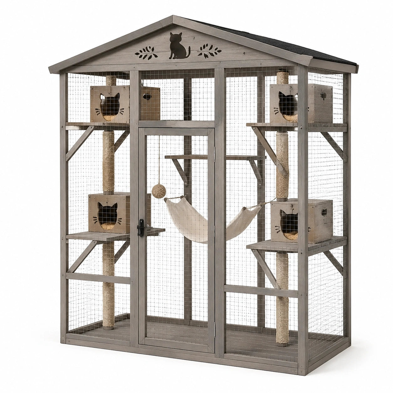 Katzengehege aus Holz und Metallgitter mit Dach, Kratzsäulen und Kletterebenen, 183 × 92 × 181 cm, Grau/Beige/Schwarz