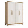 Kleiderschrank mit 4 Türen und Rillenfront, 160 × 55 × 200 cm, Weiß, Eiche natur und Goldfarben