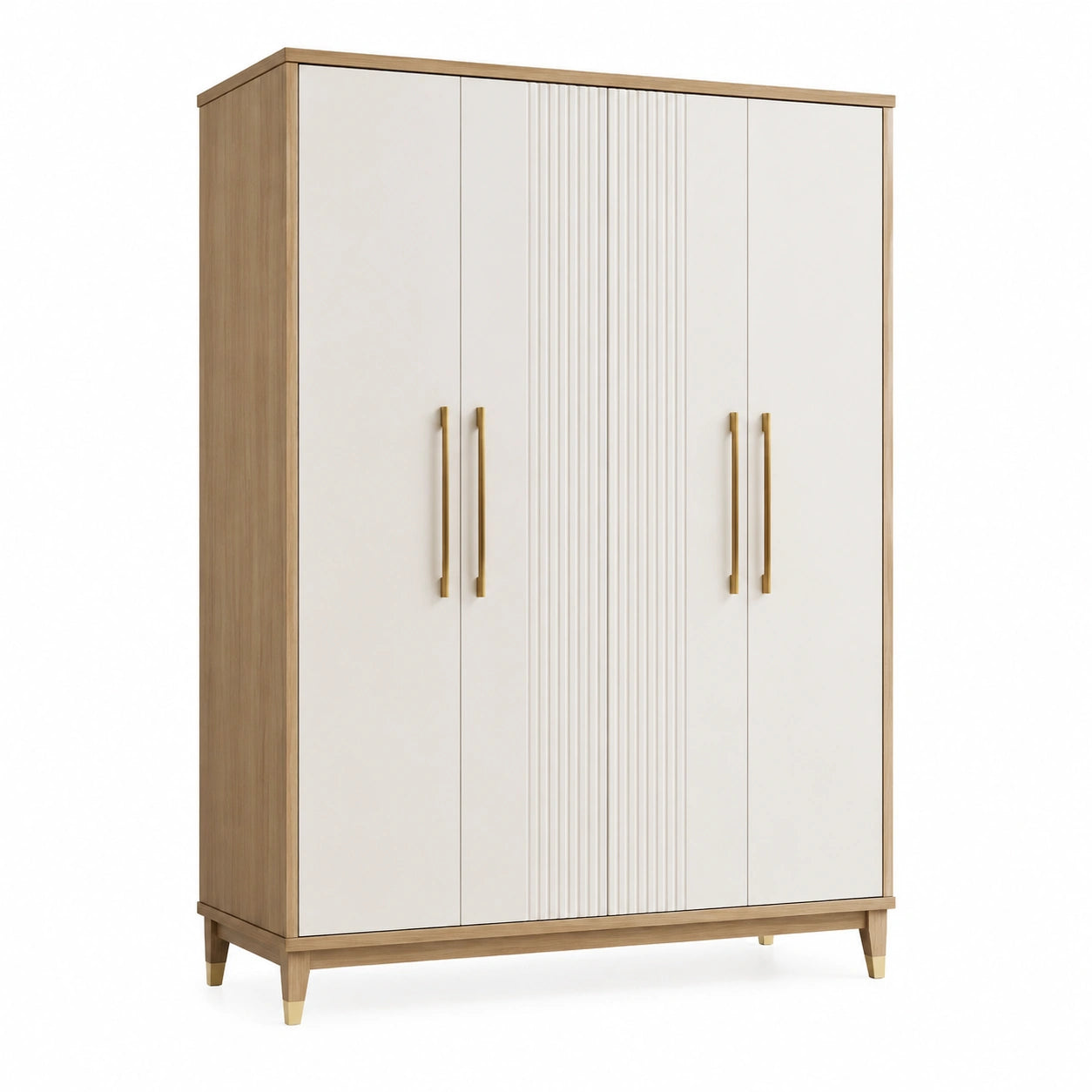Kleiderschrank mit 4 Türen und Rillenfront, 160 × 55 × 200 cm, Weiß, Eiche natur und Goldfarben