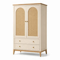Kleiderschrank mit Rattanfronten, 2 Türen, 2 Schubladen und 2 Einlegeböden, 100 × 55 × 180 cm, Creme, Natur und Goldfarben