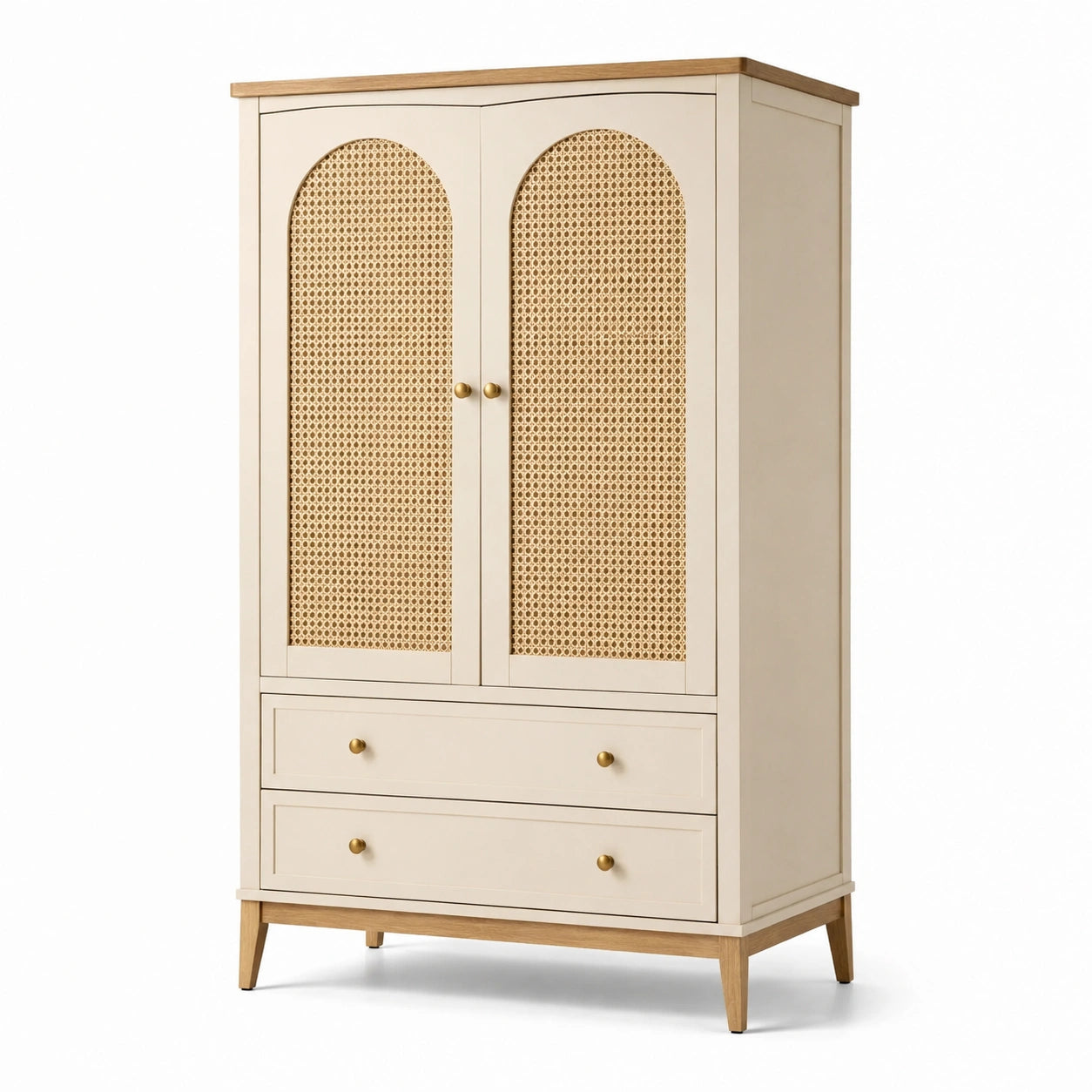 Kleiderschrank mit Rattanfronten, 2 Türen, 2 Schubladen und 2 Einlegeböden, 100 × 55 × 180 cm, Creme, Natur und Goldfarben