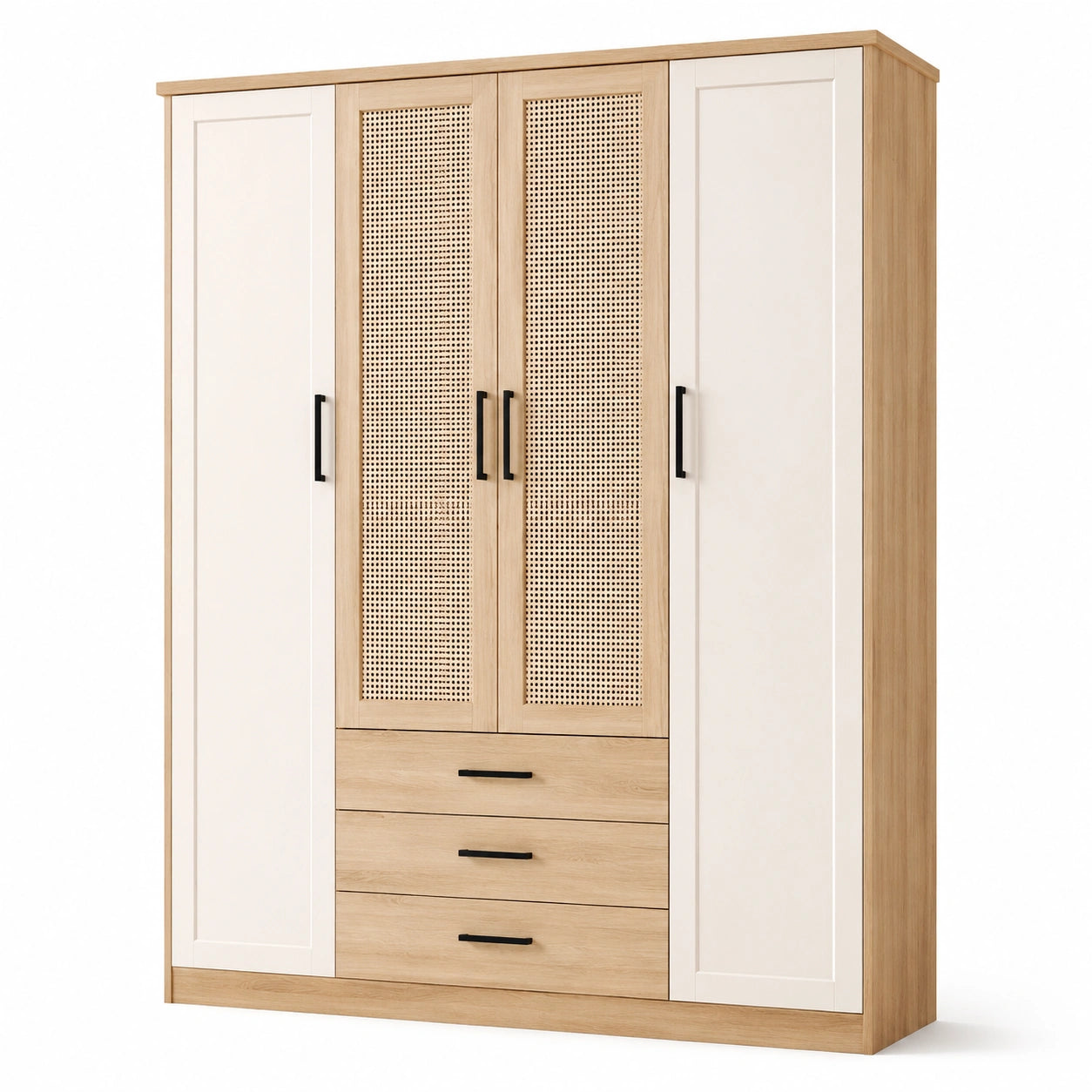 Kleiderschrank in Natur und Weiß, 180 × 52 × 200 cm, 4 Türen, 3 Schubladen und Flechteinsätze