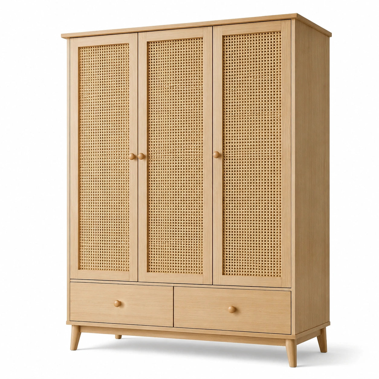 Kleiderschrank mit Rattangeflecht, 120 x 50 x 180 cm, Naturbeige/Hellbraun, 3 Türen und 2 Schubladen