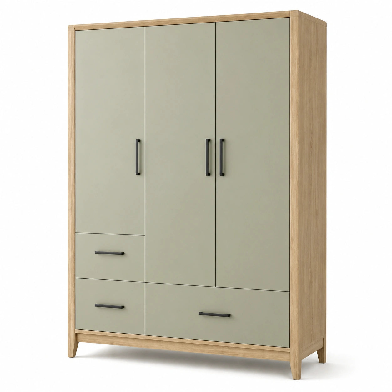Kleiderschrank mit 3 Türen und 3 Schubladen, 150 × 55 × 200 cm, Salbeigrün und Eiche natur
