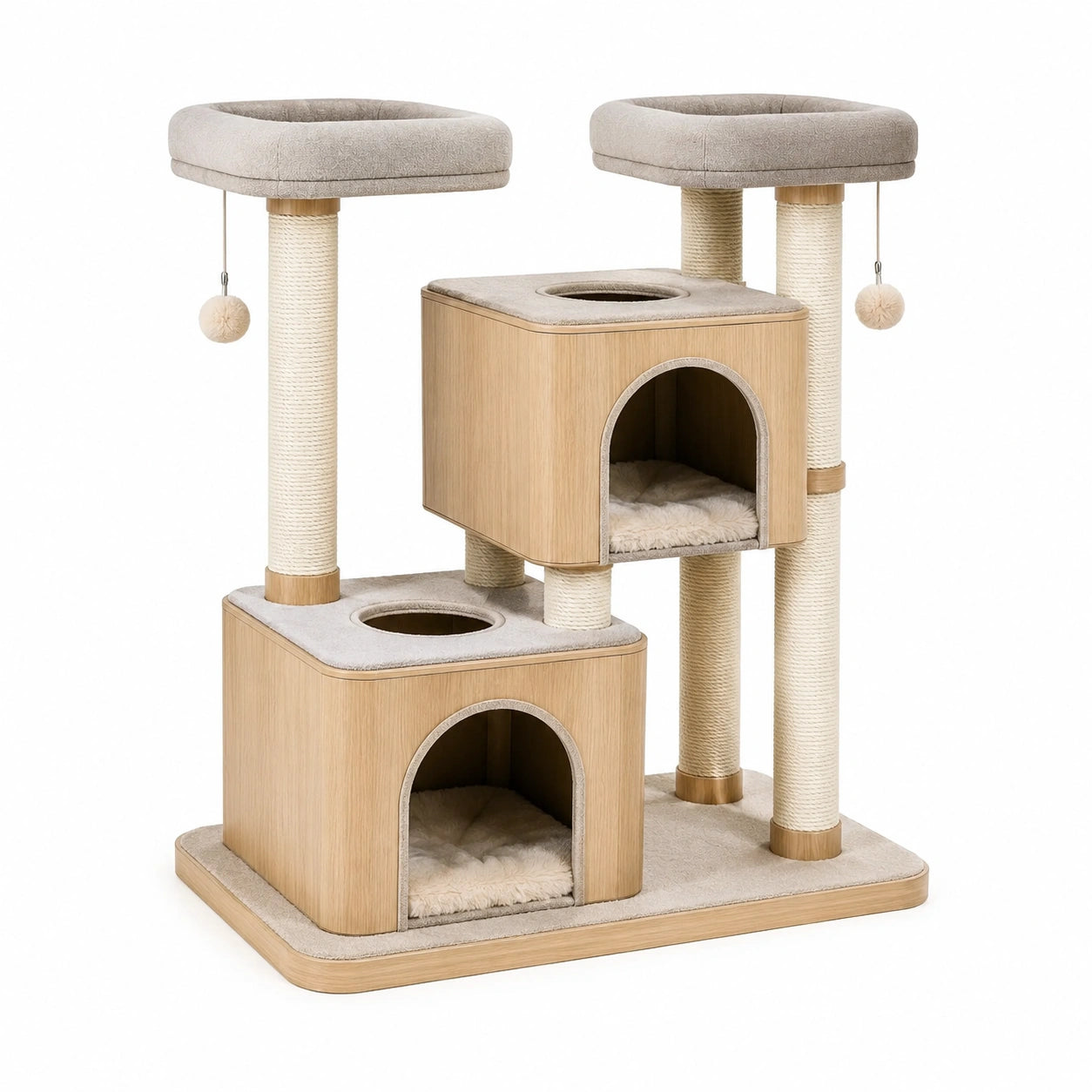 Katzenkratzbaum aus Holzwerkstoff und Sisal, 100 × 60 × 150 cm, Beige, Naturholz und Creme, mit 2 Katzenhöhlen und Liegeflächen