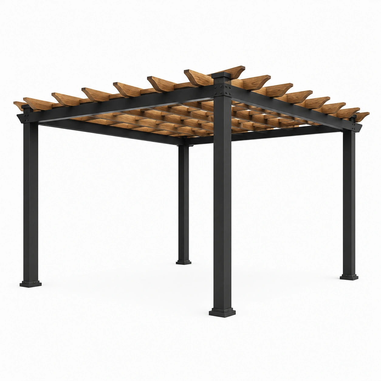 Freistehende Metall-Holz-Pergola mit offenem Lamellendach, Schwarz/Braun, 300 × 300 × 250 cm