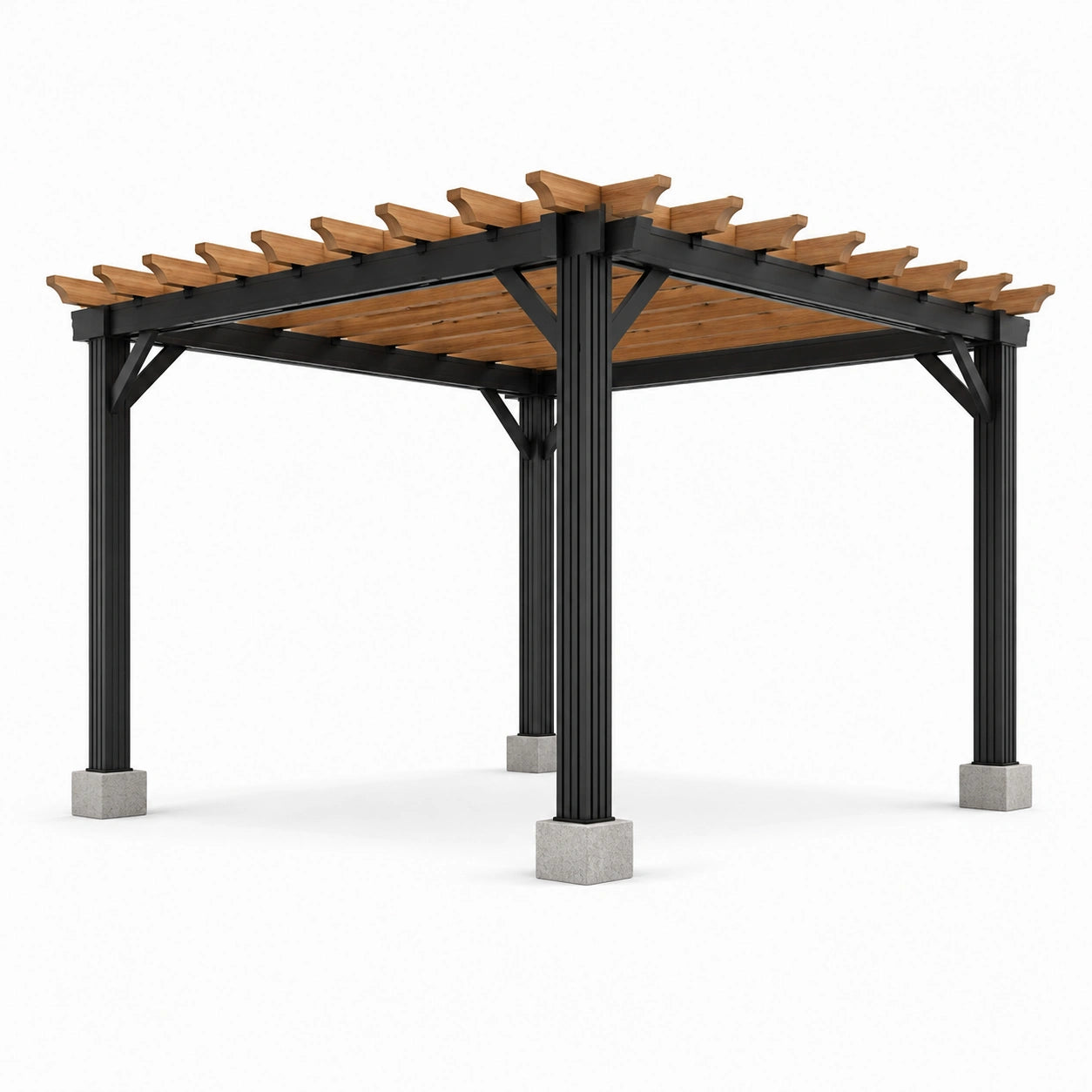 Gartenpergola aus Metall und Holz mit offenem Lamellendach, 300 × 300 × 250 cm, Schwarz/Braun